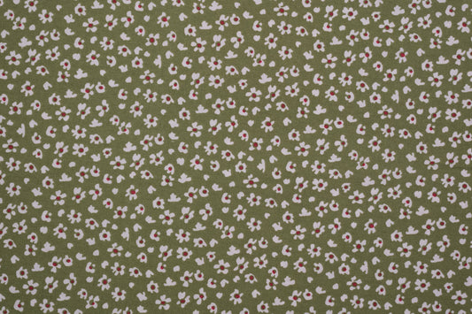 Baumwollstoff Mini-Blümchen Oliv – olivgrüner Baumwollstoff mit kleinen weißen Blumen