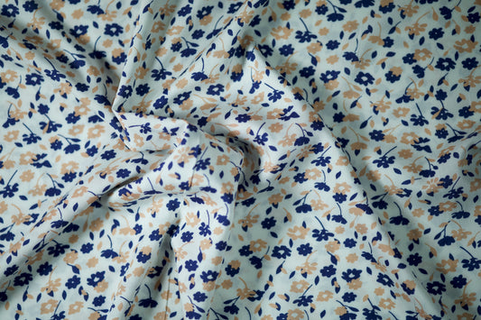 Viskosestoff – Beige & Marineblau Floral – Viskosestoff mit Blumenmuster, weich und fließend – Ideal für Sommerkleider