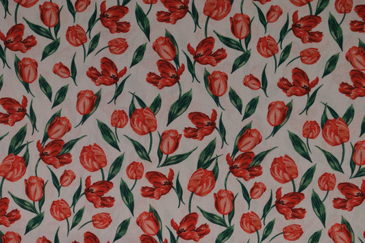 Baumwollstoff Rote Tulpen – floraler Tulpenstoff aus 100 % Baumwolle