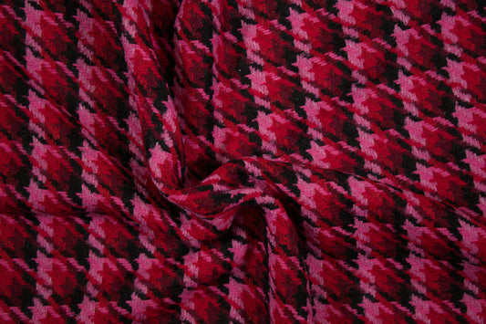 Wollmix Hahnentritt Stoff in Rot und Pink – warmer Mantelstoff mit klassischem Muster