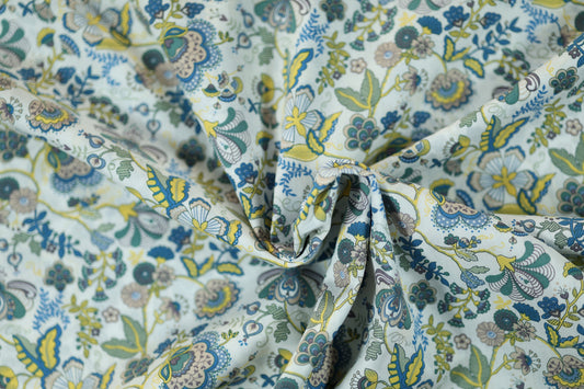 Baumwollstretch – Blumenornamente in Blau, Grün & Gelb – elastischer Baumwollstoff für kreative Projekte