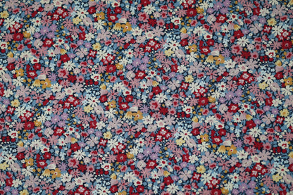 Baumwollstretch – Verspielte Blümchen auf Navy und Rosa – elastischer Baumwollstoff für kreative Projekte