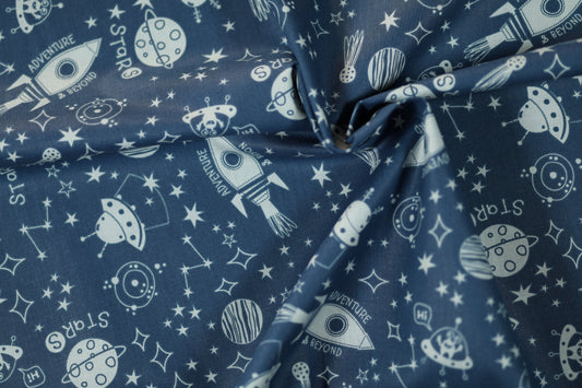 Elastischer Baumwollstoff Weltall Abenteuer – Blau mit weichem Griff