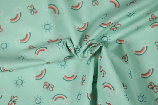 Elastischer Baumwollstoff Regenbogenfreude – Mint mit weichem Griff