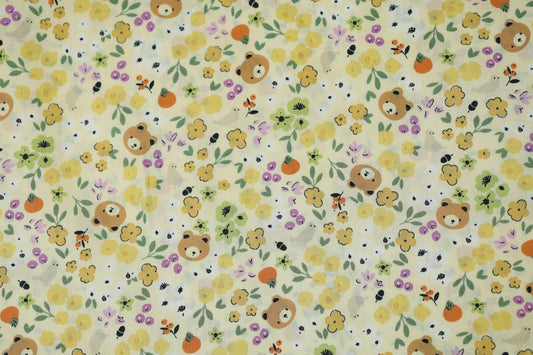 Baumwollstoff Stretch Waldblumen & Bären – Gelb – ideal für Kinderkleidung