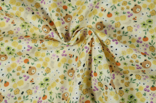Elastischer Baumwollstoff Waldblumen & Bären – Gelb mit weichem Griff