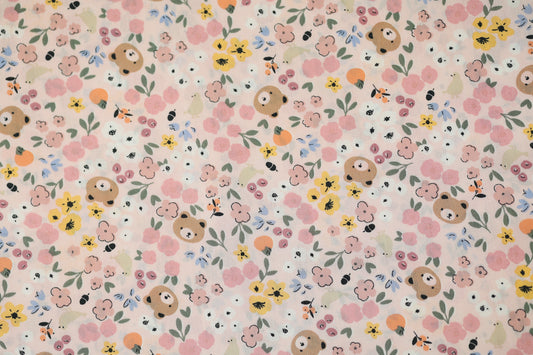 Elastischer Baumwollstoff Waldblumen & Bären – Rosa mit weichem Griff
