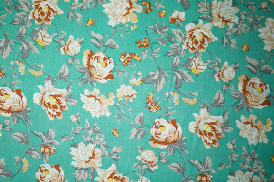 Viskosestoff in Türkis mit Vintage-Blumenmuster