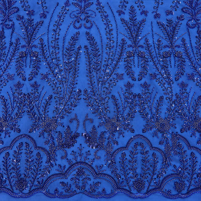 Perlen-Damastspitze Royalblau auf blauem Tüll – Stoffeya